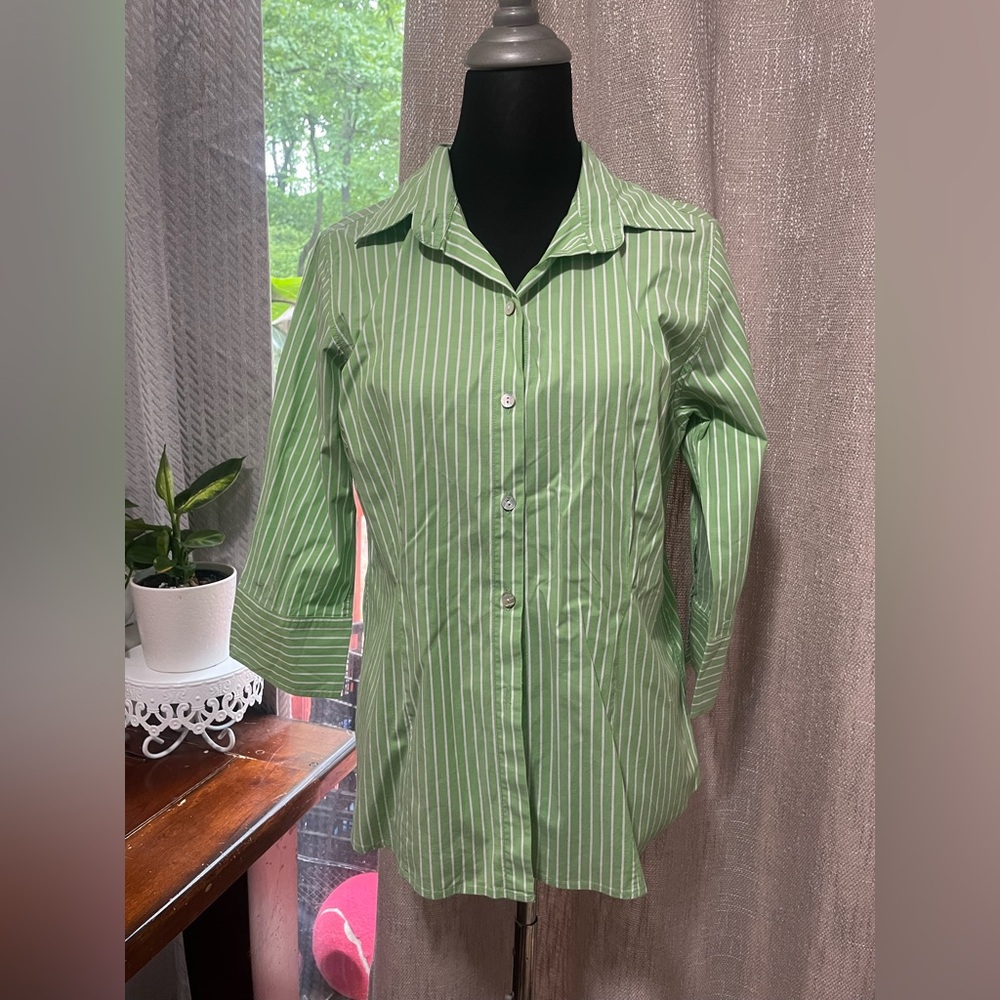 Chico's Light Green and White Striped Button-Down Blouse